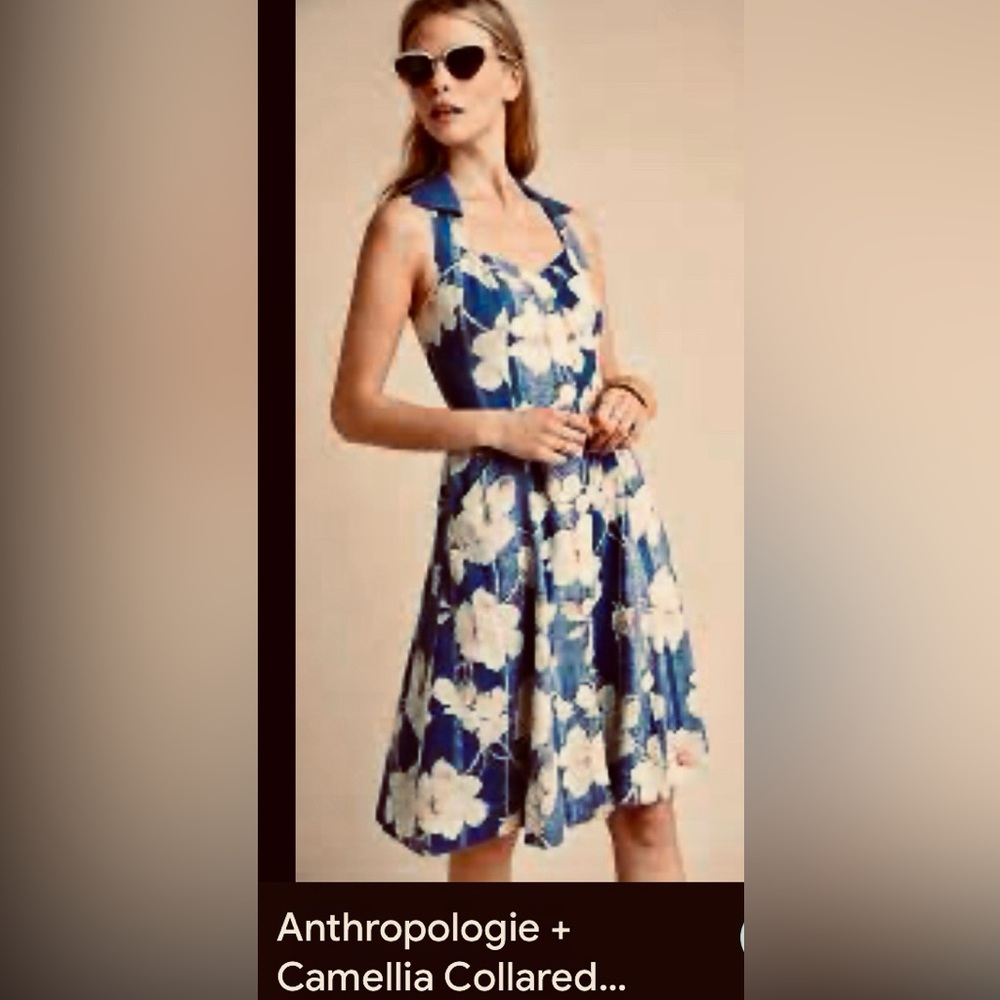 Anthropologie Blue and White Camellia Floral Midi Dress-4 blue white , linen